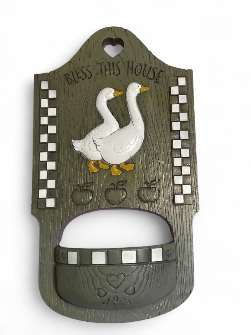 Bless This House Wooden Goose Wall Pocket - Olive Green & White Cottagecore
